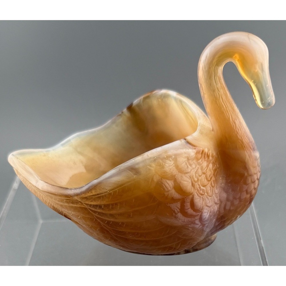 Vintage Imperial Glass Swan Candy Dish Root Beer Caramel Slag 5"